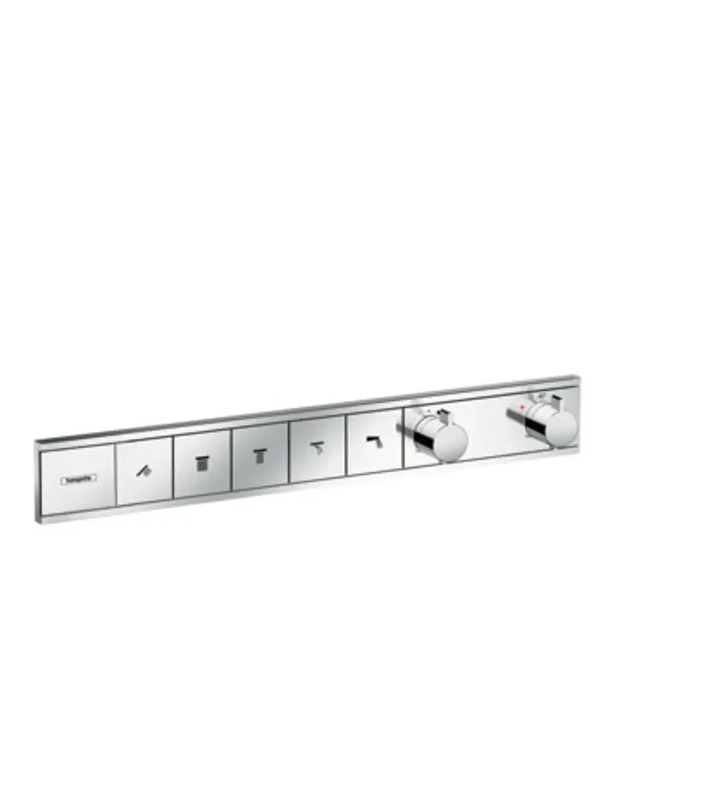 Thermostat von Hansgrohe mit mehreren Bedienungselementen für verschiedene Verbraucher, in kühlem Chrom-Finish. Übersichtliche Symbole zur Funktionserklärung.